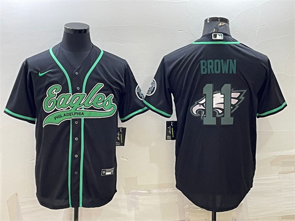 Men's Philadelphia Eagles #11 A. J. Brown Black Team Big Logo With Patch Cool Base Stitched Baseball Jersey